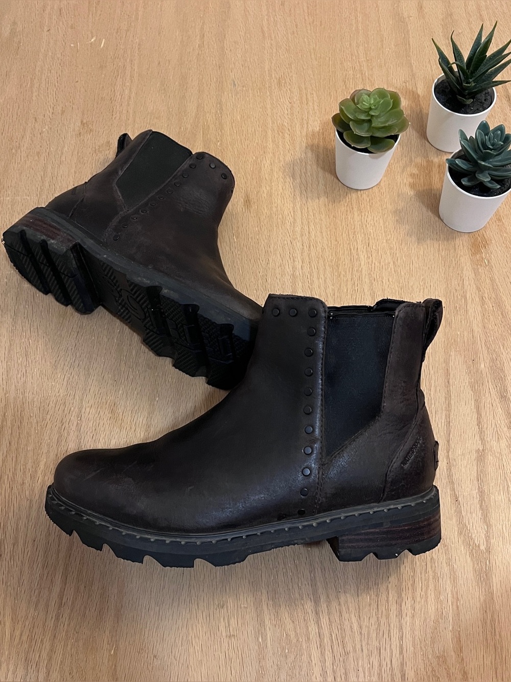 Sorel Women's Lennox Chelsea Stud Leather Waterproof Boots in Dark Brown